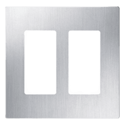 Placa de pared sin tornillos de 2 espacios para atenuadores e interruptores con apertura tipo designer, acabado acero inoxidable, línea Claro
