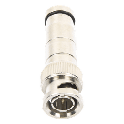 Conector BNC Macho en 75 Ohm, de Compresión Axial para Cable Coaxial RG-59/U, Níquel/ Oro/ Politetrafluoroetileno.