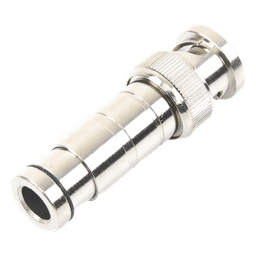 Conector BNC Macho en 75 Ohm, de Compresión Axial para Cable Coaxial RG-59/U, Níquel/ Oro/ Politetrafluoroetileno.