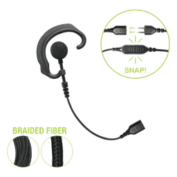 Auricular de gancho para el oído (RESPONDER) con cable de fibra trenzada y conector SNAP. Requiere micrófono de solapa de 1 o 2 hilos de la Serie SNAP.