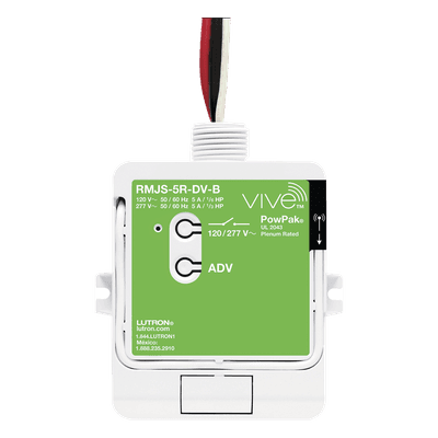 Módulo de relevador inalámbrico PowPak de 5 A con Softswitch, 120/277 V, para cargas generales de iluminación, con controles Pico y sensores Radio Powr Savr del sistema Vive
