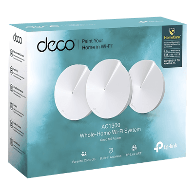 Kit 3 Routers Inalámbricos MESH Interior para Hogar / Doble Banda Wi-Fi 5 AC1300 Mbps / 2 Puerto Gigabit WAN/LAN / 4 Antenas Internas / Administración Mediante la App Deco (iOS, Android) / Protección HomeCare