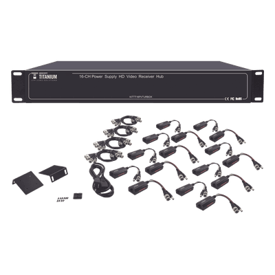 Kit de TRANSCEPTOR ACTIVO DE 16 Canales / VIDEO+PODER en un solo Cable UTP / 150m en 4K, 200m en 5 MP/ Envía 36 Vcc y recibe 12 Vcc / TODO INCLUIDO PARA RACK / Compatible con cámaras HD-TVI/CVI/AHD/CVBS / Instalación Limpia 