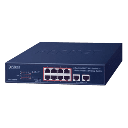 Switch de Escritorio de 8 Puertos 10/100TX 802.3at PoE+ / 2 Puertos 10/100TX / 120W PoE Budget / Modos Standard, VLAN y Extendido / Distancia Extendida Hasta 250m 