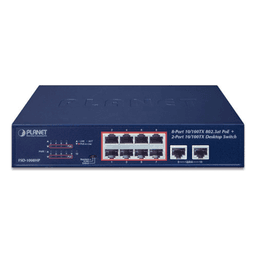 Switch de Escritorio de 8 Puertos 10/100TX 802.3at PoE+ / 2 Puertos 10/100TX / 120W PoE Budget / Modos Standard, VLAN y Extendido / Distancia Extendida Hasta 250m 