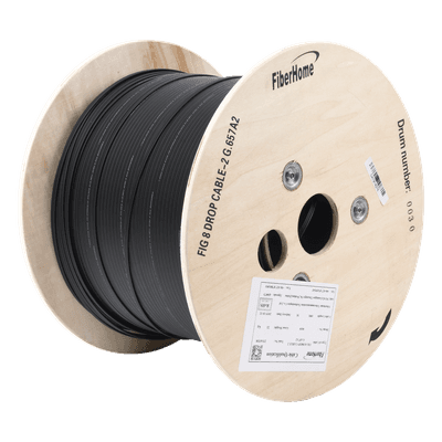 Carrete de 1 km de Fibra Óptica Aérea Mini Figura 8 G.657A2 Tipo Drop, Monomodo de 2 Hilos (Bifibra), Diseñada para Fusionarse, Color Negro, Span 80, (No Soporta Conectores Mecánicos)
