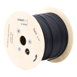 Carrete de 1 km de Fibra Óptica Aérea Mini Figura 8 G.657A2 Tipo Drop, Monomodo de 2 Hilos (Bifibra), Diseñada para Fusionarse, Color Negro, Span 80, (No Soporta Conectores Mecánicos)