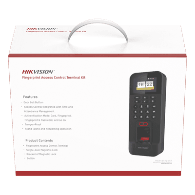 Kit de Control de Acceso TODO INCLUIDO con Lector de Huellas y Tarjetas / 3,000 Huellas / Compatible con App Hik-Connect / Incluye Electroimán  Botón de Salida y Montajes Z y L para imán (DS-K1T804)