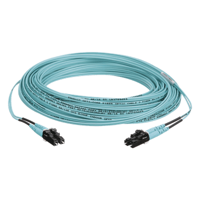 Jumper de Fibra Optica Multimodo 50/125 OM3, LC-LC Duplex, OFNR (Riser), Color Aqua, 10 Metros (32.81 Pies)
