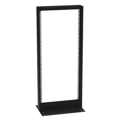 Rack de 2 Postes (Doble Perforación), Estándar 19", 24 Unidades, Fabricado en Acero, Base "L" para Anclar a Piso.