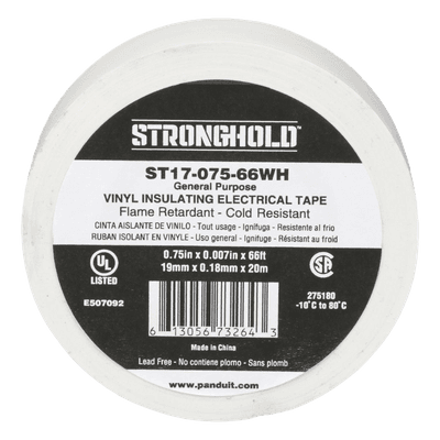 Cinta Eléctrica STRONGHOLD para Aislar, de PVC, Uso General Reparación y Mantenimiento, Grosor de 0.18mm (7 mil), Ancho de 19mm, y 20.12m de Largo, Color Blanco