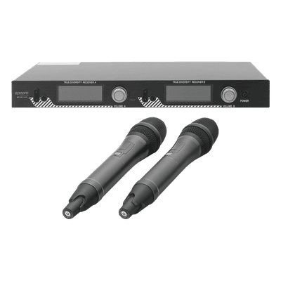 Kit de Microfonía inalámbrico | 2 Micrófonos de mano | Receptor UHF | Pantalla LCD | 200 Canales | Gran cobertura