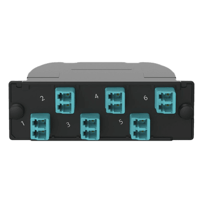 Casete OptiCom de Fibra Óptica Multimodo OM4, Con Conector MPO a 6 LC Duplex, Polaridad Método A, Pérdida de Inserción Estándar