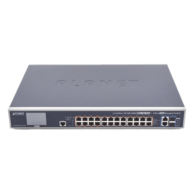 Switch Administrable L3, 24 puertos Gigabit PoE 802.3bt, 2 puertos 10G SFP+, Pantalla Tactil, Fuente Redundante, (600W)