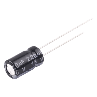 Capacitor Electrolítico en Aluminio, Radial de 220 µFd, 16 Vcc, 105 °C, 6.3 x 11 mm.