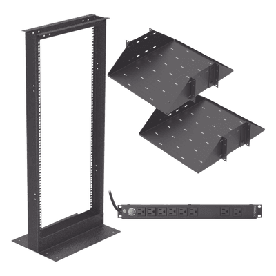 Kit de Rack Estándar 19", 24 UR con 2 Charolas  y PDU (8 tomas). Ideal para UPS y Servidores tipo Torre.