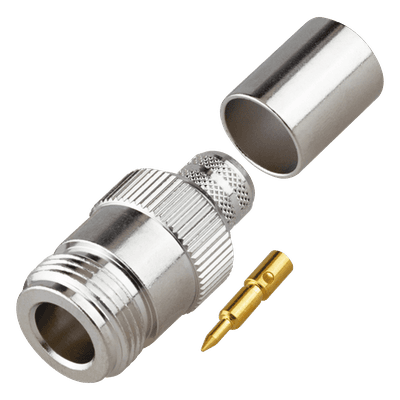 Conector N Hembra Inverso de Anillo Plegable para Cables 9913, RG-8/U, LMR-400, Grupo I, Níquel/ Oro/ Teflón.