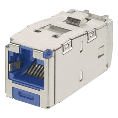 Conector Jack RJ45 Blindado, Llaveado Azul, Estilo TG, Mini-Com, Categoría 6A, de 8 Posiciones y 8 Cables, Color Azul