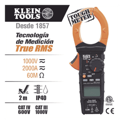 Amperímetro Digital de Gancho de Rango Automático de 2000 A CA, con Media Cuadrática Real y Baja Impedancia (LoZ).