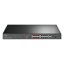 Switch PoE+ no Administrable 16 puertos 10/100 Mbps + 2 puertos 10/100/1000 Mbps + 1 puerto SFP, 8 puertos Extensor PoE (hasta 250 m), 150W, diseño para Vigilancia IP
