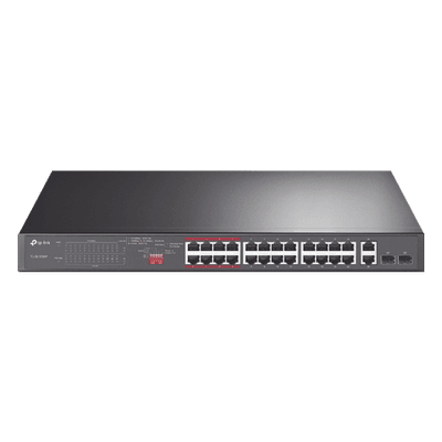 Switch No Administrable 24 Puertos PoE+ 10/100 Mbps / 2 Puertos 10/100/1000 Mbps + 2 Puertos SFP (combo) / Modo Prioridad de Tráfico / Modo Aislamiento de Red / Presupuesto PoE de 250 W / Diseño para Ideal para Vigilancia IP