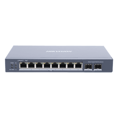 Switch Gigabit PoE+ / Administrable / 8 Puertos Gigabit PoE+ / 2 Puertos SFP / Configuración Nube Hik-Partner Pro / Modo Extendido hasta 300 Metros / 110 W
