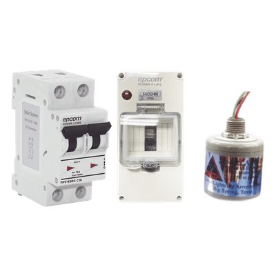 Kit de Centro de Carga Para Corriente Directa, Breaker de hasta  800 Vcc de 32 A con Supresor de Descargas Atmosféricas.