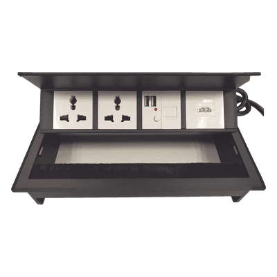 Caja Horizontal Tipo Hub para Escritorio Color Negro, con 1 Puerto HDMI Hembra-Hembra, 1 Puerto RJ45 Cat6, 2 Puertos USB (Solo Carga), y 2 Contactos Eléctricos Universales