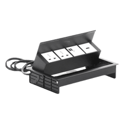 Caja Horizontal Tipo Hub para Escritorio Color Negro, con 1 Puerto HDMI Hembra-Hembra, 1 Puerto RJ45 Cat6, 2 Puertos USB (Solo Carga), y 2 Contactos Eléctricos Universales
