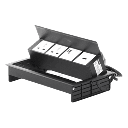 Caja Horizontal Tipo Hub para Escritorio Color Negro, con 1 Puerto HDMI Hembra-Hembra, 1 Puerto RJ45 Cat6, 2 Puertos USB (Solo Carga), y 2 Contactos Eléctricos Universales