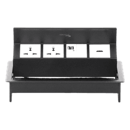 Caja Horizontal Tipo Hub para Escritorio Color Negro, con 1 Puerto HDMI Hembra-Hembra, 1 Puerto RJ45 Cat6, 2 Puertos USB (Solo Carga), y 2 Contactos Eléctricos Universales