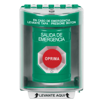 Botón de Salida de Emergencia, Cubierta de Policarbonato Súper Resistente de Superficie con Espaciador, Activación de Acción Mantenida, Con Bocina de Advertencia