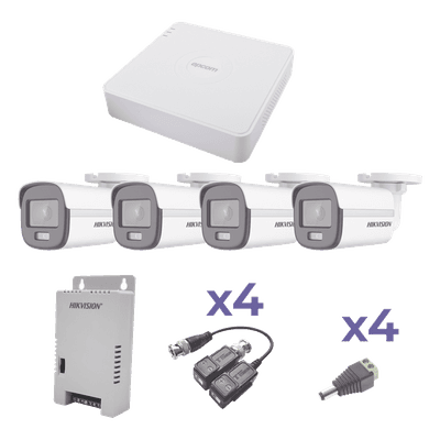 KIT COLORVU TURBOHD 1080p Lite / DVR 4 Canales / 4 Cámaras Bala (exterior 2.8 mm) / Transceptores / Conectores / Fuente de Poder Profesional