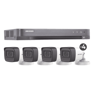 (MICRÓFONO INTEGRADO) KIT TURBOHD 5 Megapixel / DVR 4 Canales / 4 Cámaras Bala con Micrófono Integrado (exterior 2.8 mm) / Fuente de Poder / Accesorios de Instalación