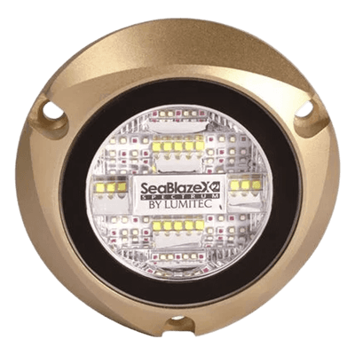 Luz led marina sumergible SeaBlaze X2, emite luz de color blanco y azul de 6000 lúmenes, fabricada en bronce naval con grado de protección IP68.
