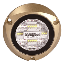 Luz led marina sumergible SeaBlaze X2, emite luz de color blanco y azul de 6000 lúmenes, fabricada en bronce naval con grado de protección IP68.