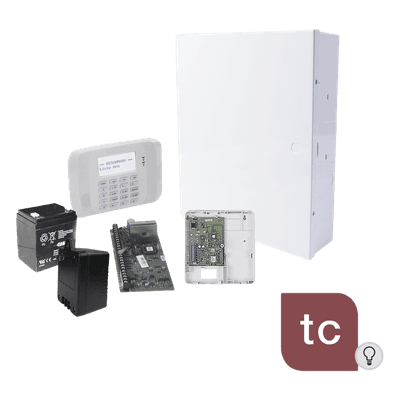 Kit de alarma con panel de 8 zonas cableadas y hasta 40 inalámbricas, comunicador IP/4G y monitoreo Total Connect