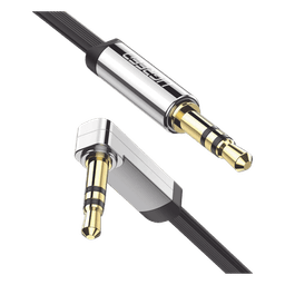 Cable Auxiliar Plano 2 Metros / Conector 3.5mm a 3.5mm / Macho-Macho / Recto a Angulo / Ángulo de 90° en una de sus Puntas / Color Negro