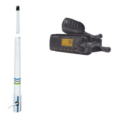 Kit de radio móvil VHF marino modelo UM-385 color negro y antena marina Shakespeare en fibra de vidrio 5101