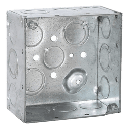 Caja Cuadrada Galvanizada  de 4" x 4", profundidad de 2 1/8". Cuenta con 10 KO de 1/2" y 6 TKO (1/2" - 3/4"))