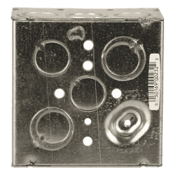 Caja Cuadrada Galvanizada  de 4" x 4", profundidad de 2 1/8". Cuenta con 10 KO de 1/2" y 6 TKO (1/2" - 3/4"))