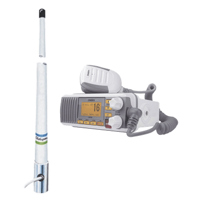 Kit de radio móvil VHF marino modelo UM-385 color blanco y antena marina Shakespeare de fibra de vidrio 5101