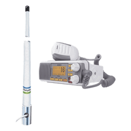 Kit de radio móvil VHF marino modelo UM-385 color blanco y antena marina Shakespeare de fibra de vidrio 5101