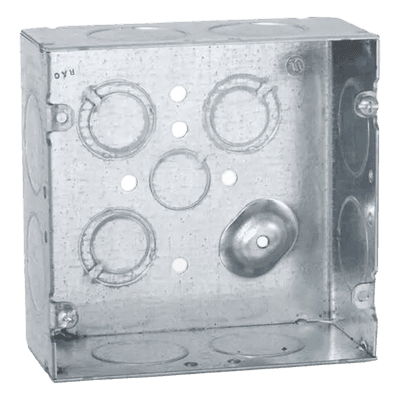Caja Cuadrada 4 11/16 x 4 11/16"/ Profundidad 2- 1/8"/ Cuenta con 1 Entrada de 1/2", 8 de 1" y  3 TKO  (1/2"-3/4").
