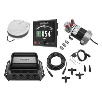 Piloto Automático Simrad para Embarcaciones Fueraborda y Dentrofueraborda / Paquete Completo / Controlador AP44 con Pantalla a Color 4.1 Pulgadas / Bomba Hidráulica RPU-80 / Brújula Precision-9 / Compatible con NMEA 2000® / Virtua
