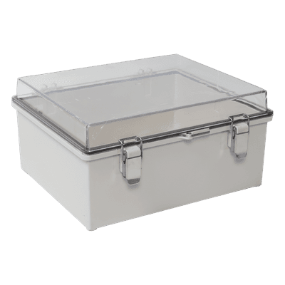 Gabinete Plástico ABS, Puerta Transparente, Uso en Intemperie IP66 (170 x 220 x 110 mm) Cierre por Broches Inoxidables y Permite Cerrado por Candado y Llave (Perno 5mm) No Incluido