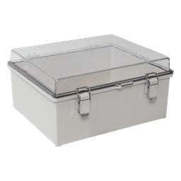 Gabinete Plástico ABS, Puerta Transparente, Uso en Intemperie (300 x 300 x 180 mm) Cierre por Broches Inoxidables y Permite Cerrado con Candado y Llave (Perno 5mm) No Incluido