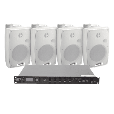 KIT de Amplificador de Audio 120W para Rack | 4 Altavoces de Pared color Blanco 2.5W - 20W | Sistema 70/100V