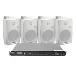 KIT de Amplificador de Audio 120W para Rack | 4 Altavoces de Pared color Blanco 2.5W - 20W | Sistema 70/100V