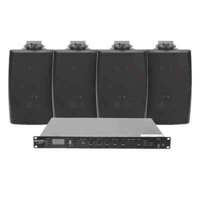 KIT de Amplificador de Audio 120W para Rack | 4 Altavoces de Pared color Negro 2.5W - 20W | Sistema 70/100V